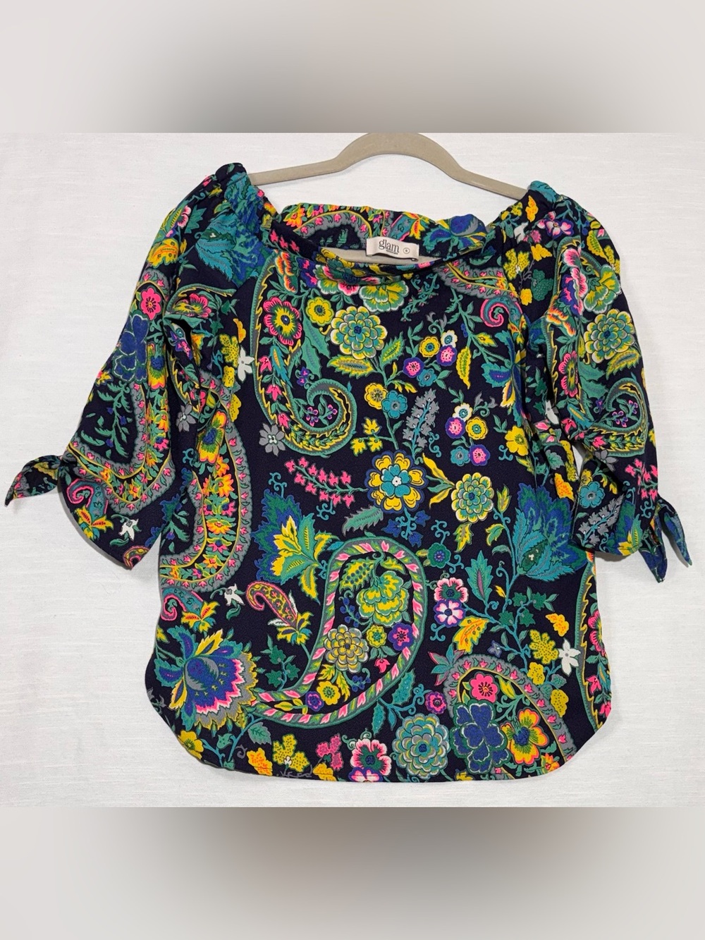 glam Navy Floral Paisley 3/4  tie Puff-Sleeve Blouse with Bright Accents